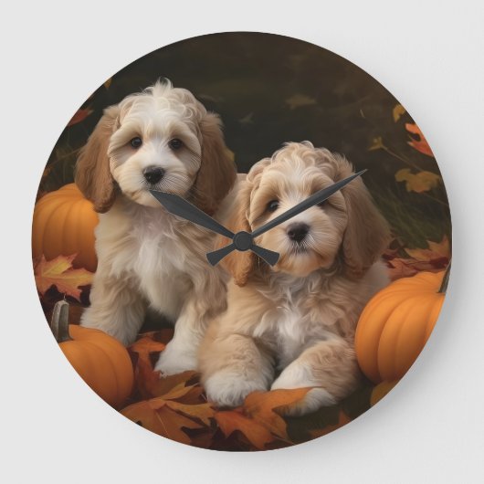 Cockapoo Puppy Herfst Plezier Pompoen Grote Klok (Voorkant)