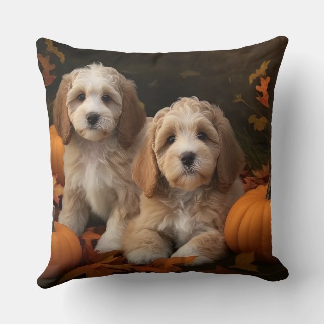 Cockapoo Puppy Herfst Plezier Pompoen  Kussen (Achterkant)