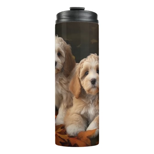 Cockapoo Puppy Herfst Plezier Pompoen Thermosbeker (Voorkant)