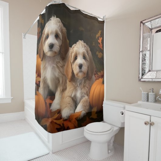 Cockapoo Puppy Herfstvreugde Pompoen Douchegordijn (In situ)