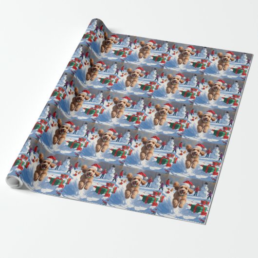 Cockapoo Rent in de Sneeuw met Kerstmuts Cadeaupapier (Uitgerold)