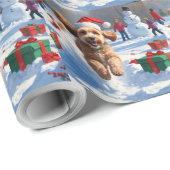 Cockapoo Rent in de Sneeuw met Kerstmuts Cadeaupapier (Rol Hoek)
