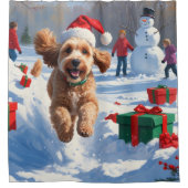 Cockapoo Rent in de Sneeuw met Kerstmuts Douchegordijn (Voorkant)