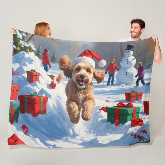 Cockapoo Rent in de Sneeuw met Kerstmuts Fleece Deken (In situ)
