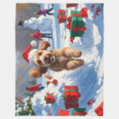 Cockapoo Rent in de Sneeuw met Kerstmuts Fleece Deken (Voorkant)
