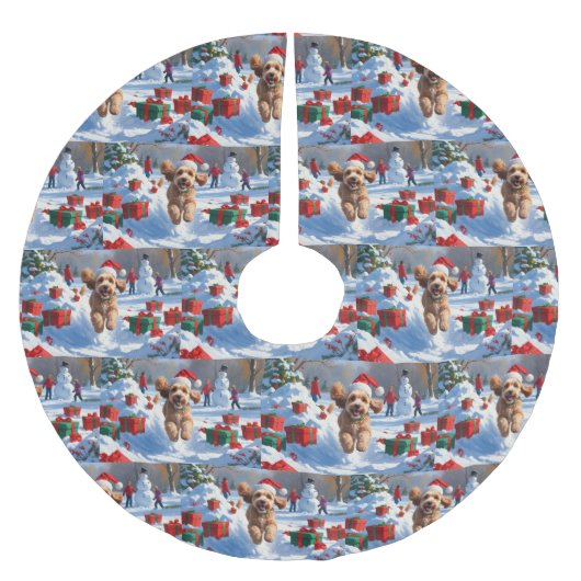 Cockapoo Rent in de Sneeuw met Kerstmuts Kerstboom Rok (Voorkant)