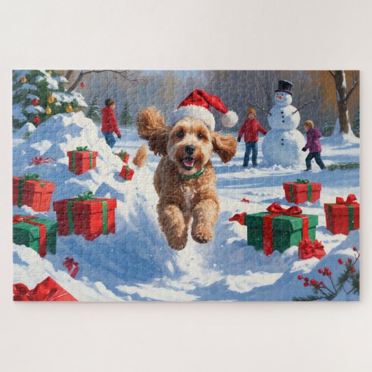 Cockapoo Rent in de Sneeuw met Kerstmuts Legpuzzel (Horizontaal)
