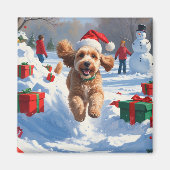 Cockapoo Rent in de Sneeuw met Kerstmuts Magneet (Voorkant)