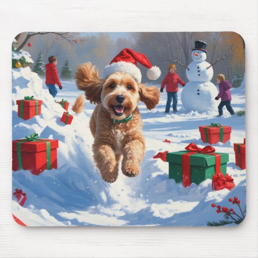 Cockapoo Rent in de Sneeuw met Kerstmuts Muismat (Voorkant)