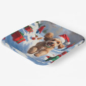 Cockapoo Rent in de Sneeuw met Kerstmuts Papieren Bordje (Gebogen)