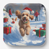 Cockapoo Rent in de Sneeuw met Kerstmuts Papieren Bordje (Voorkant)