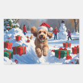 Cockapoo Rent in de Sneeuw met Kerstmuts Rechthoekige Sticker (Voorkant)