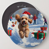 Cockapoo Rent in de Sneeuw met Kerstmuts Ronde Button 6,0 Cm (Voorkant /achterkant)