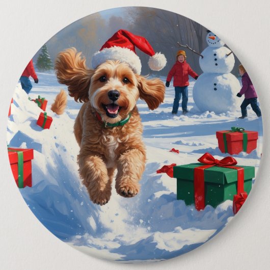 Cockapoo Rent in de Sneeuw met Kerstmuts Ronde Button 6,0 Cm (Voorkant)