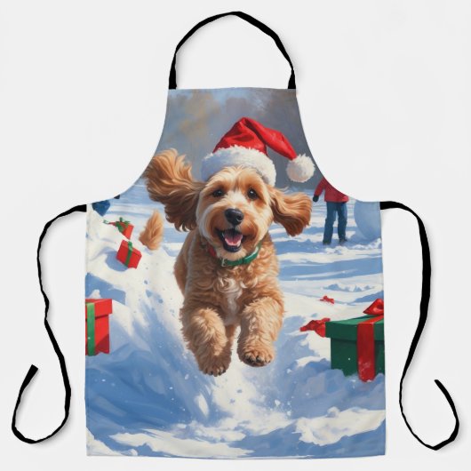 Cockapoo Rent in de Sneeuw met Kerstmuts Schort (Voorkant)