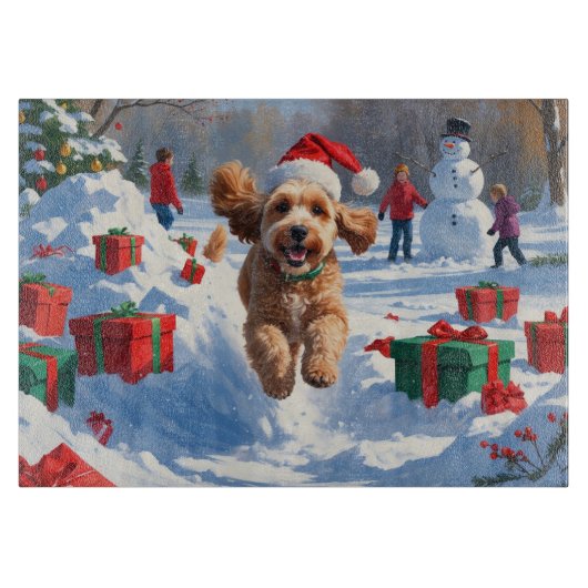 Cockapoo Rent in de Sneeuw met Kerstmuts Snijplank (Voorkant)