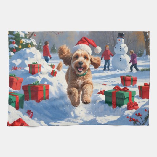 Cockapoo Rent in de Sneeuw met Kerstmuts Theedoek (Horizontaal)