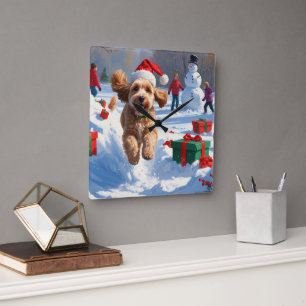 Cockapoo Rent in de Sneeuw met Kerstmuts Vierkante Klok