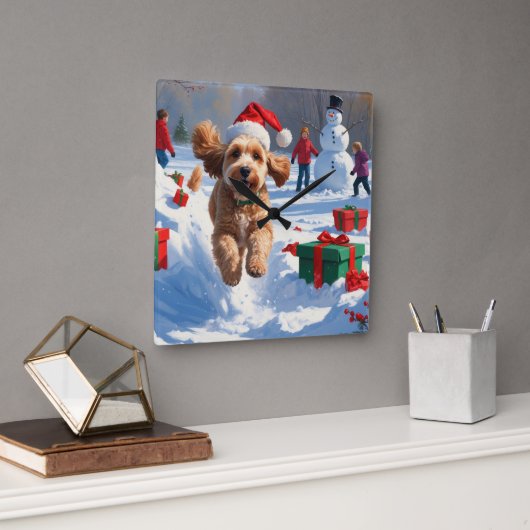 Cockapoo Rent in de Sneeuw met Kerstmuts Vierkante Klok (Kantoor)