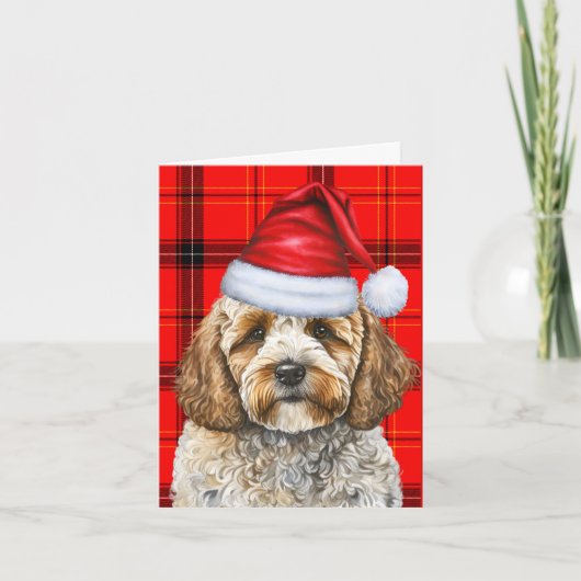 Cockapoo Santa Dog Red Holiday Plaid Christmas Feestdagen Kaart (Voorkant)