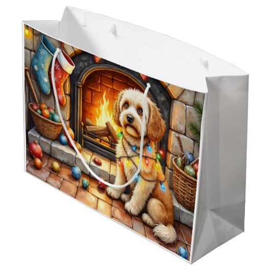 Cockapoo Sitting by Fireplace with Christmas Light Groot Cadeauzakje (Achterkant Gekanteld)