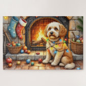 Cockapoo Sitting by Fireplace with Christmas Light Legpuzzel (Horizontaal)