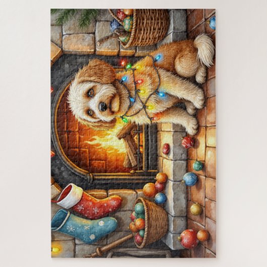 Cockapoo Sitting by Fireplace with Christmas Light Legpuzzel (Verticaal)
