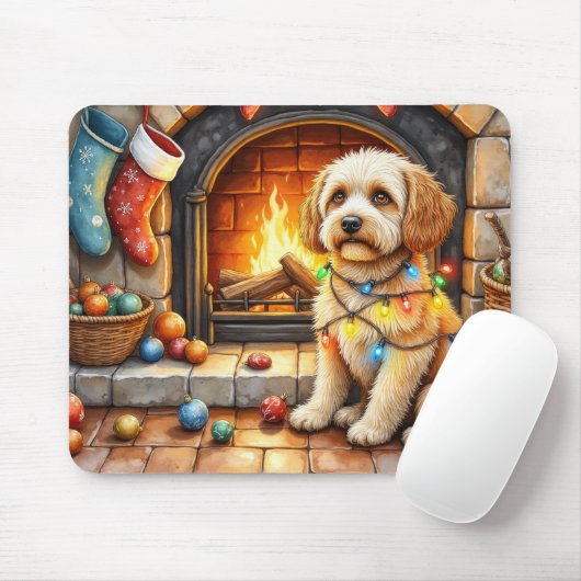 Cockapoo Sitting by Fireplace with Christmas Light Muismat (Met muis)