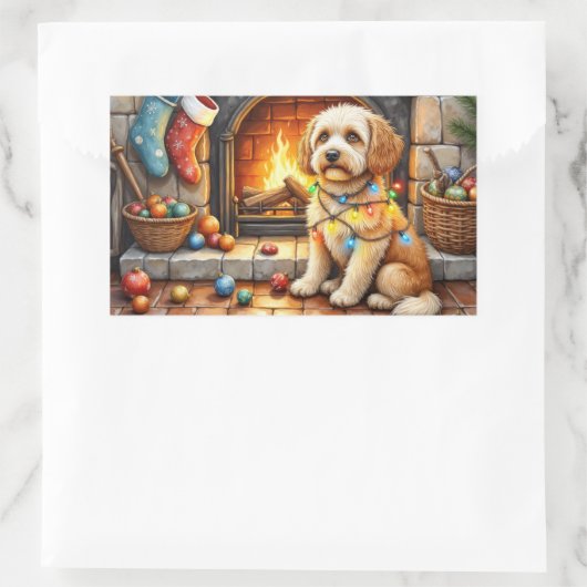 Cockapoo Sitting by Fireplace with Christmas Light Rechthoekige Sticker (Tas)