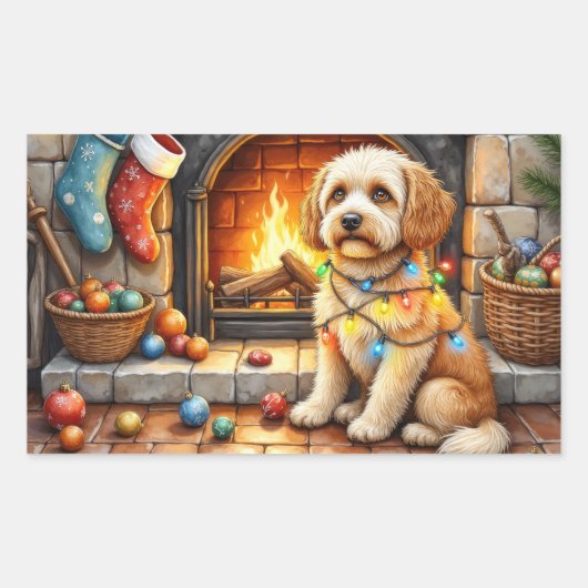 Cockapoo Sitting by Fireplace with Christmas Light Rechthoekige Sticker (Voorkant)