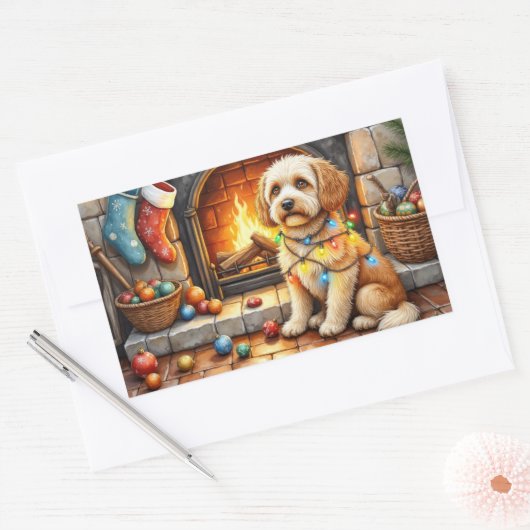 Cockapoo Sitting by Fireplace with Christmas Light Rechthoekige Sticker (Envelop)