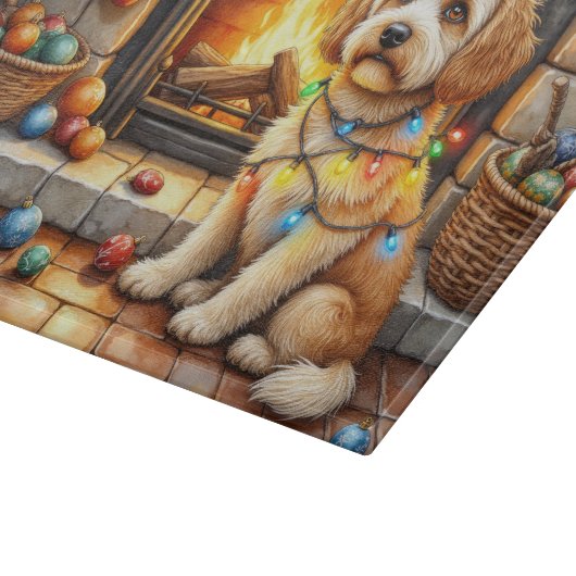 Cockapoo Sitting by Fireplace with Christmas Light Snijplank (Hoek)