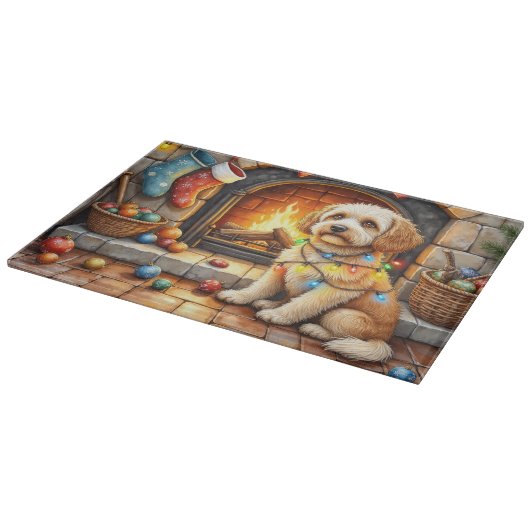 Cockapoo Sitting by Fireplace with Christmas Light Snijplank (Hoek)