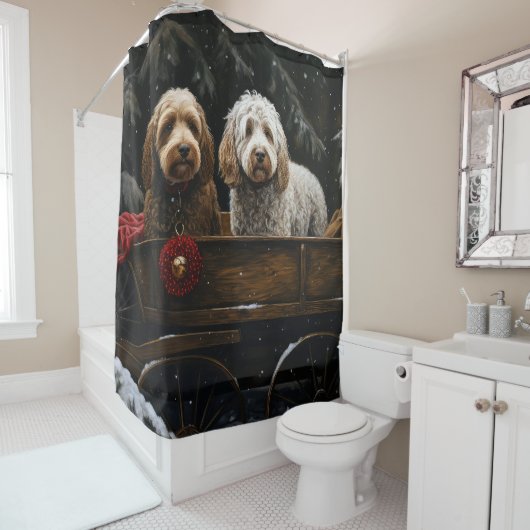 Cockapoo Sneeuw slee Kerstmis decoratie     Douchegordijn (In situ)