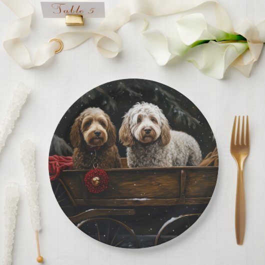 Cockapoo Snowy Sleigh Kerst Decor Papieren Bordje (Huwelijk)