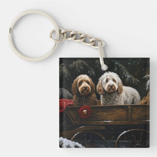 Cockapoo Snowy Sleigh Kerst Decor Sleutelhanger (Voorkant)