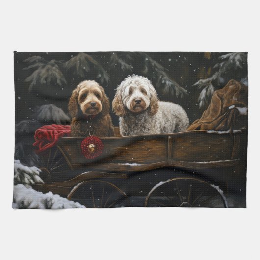 Cockapoo Snowy Sleigh Kerst Decor Theedoek (Horizontaal)
