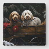 Cockapoo Snowy Sleigh Kerst Decor Vierkante Klok (Voorkant)