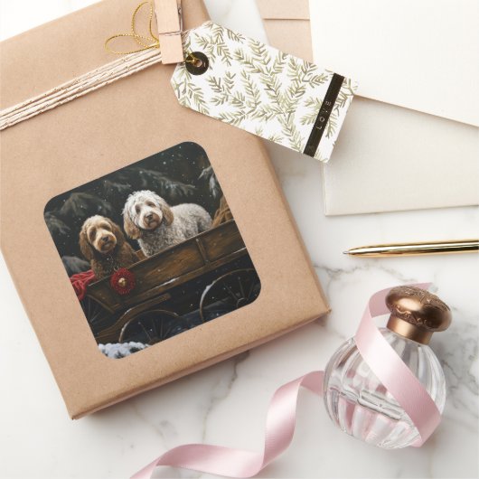 Cockapoo Snowy Sleigh Kerst Decor Vierkante Sticker (Geschenken)