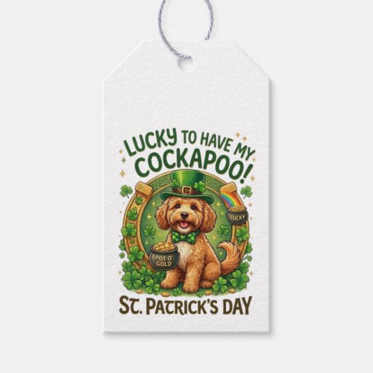 Cockapoo St. Patrick's Day GeluksHond Pot met Goud Cadeaulabel (Voorkant)
