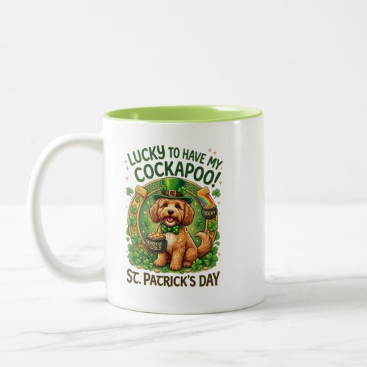 Cockapoo St. Patrick's Day GeluksHond Pot met Goud Tweekleurige Koffiemok (Links)