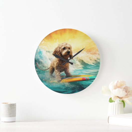 Cockapoo Strand Surfen Schilderij Grote Klok (Huis)