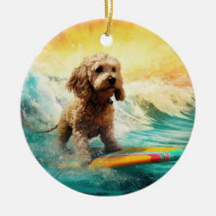 Cockapoo strand surfen schilderij  keramisch ornament