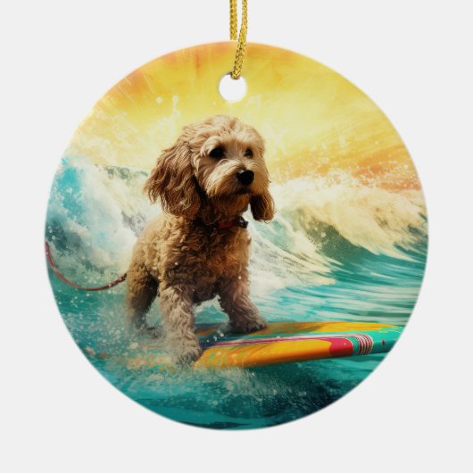 Cockapoo strand surfen schilderij  keramisch ornament (Voorkant)