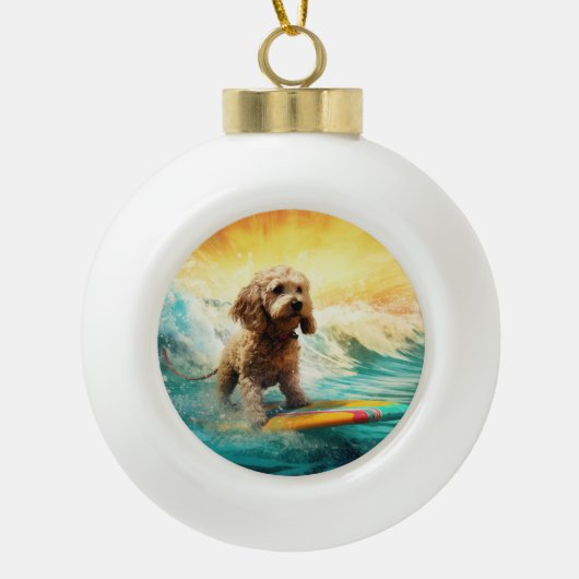 Cockapoo Strand Surfen Schilderij Keramische Bal Ornament (Voorkant)