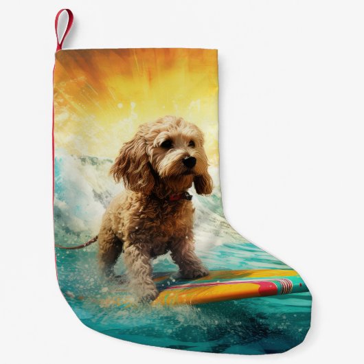 Cockapoo Strand Surfing Schilderij Kleine Kerstsok (Voorkant)
