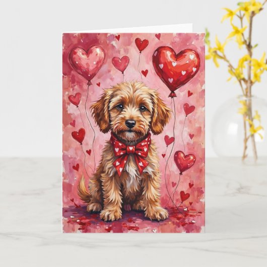 Cockapoo Valentijnsdag Hond Zit met Harten Rood Kaart (Gele Bloem)