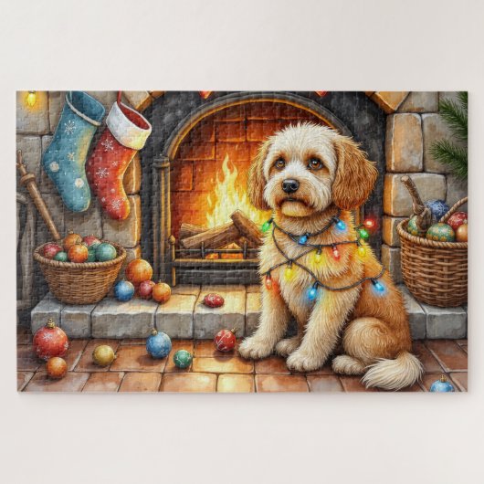 Cockapoo zit bij de open haard met kerstlicht legpuzzel (Horizontaal)