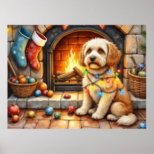 Cockapoo zit bij de open haard met kerstlicht poster