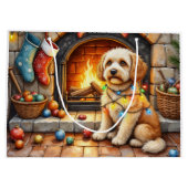 Cockapoo zit bij open haard met kerstlicht groot cadeauzakje (Achterkant)